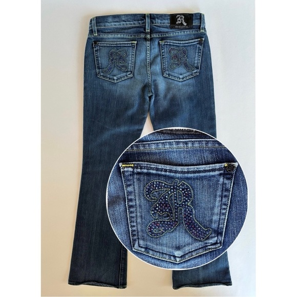 ROCK & REPUBLIC Indigo Mid Rise Hiphugger Crystal Bejeweled Blue Jeans Size 28 - Picture 1 of 16